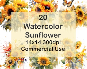Watercolor Floral Sunflower Clipart Set of 20, Fall Flowers Fall Floral, PNG, 14x14 300dpi, Instant Download, Commercial Use