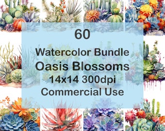 Watercolor Cactus Floral Clipart Set of 60, Fall Flowers Summer Fall Floral, PNG, bundle, 14x14 300dpi, Instant Download, Commercial Use