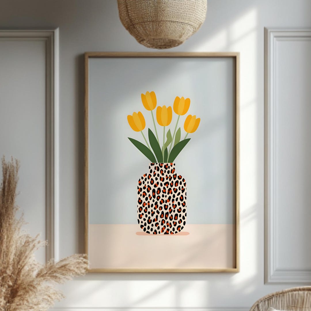 Tulip Wall Art Print, Floral Vase Artwork, Leopard Print Vase Poster ...