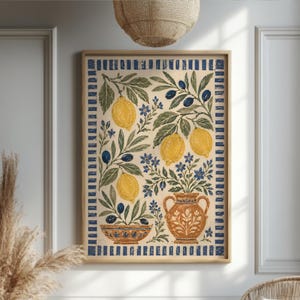 Decoración de pared con limones mediterráneos, azulejos de oliva y azul, lámina botánica vintage para cocina, póster folclórico toscano