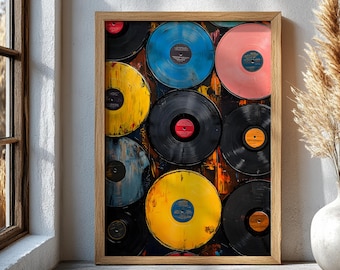 Vintage Vinyl Art, Music Lover Wall Print, Colorful Retro Poster, Record Room Decor