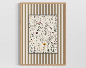 Vintage Wild Flower Poster Light Brown Stripe Rustic Botanical Wall Art Retro Cottagecore Print Floral Home Decor Nature Illustration