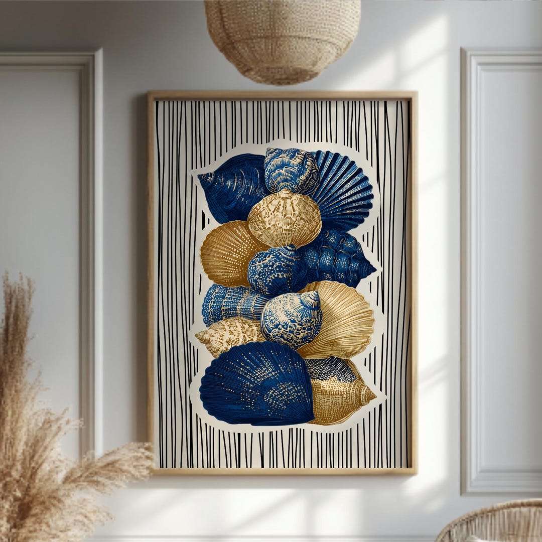 Blue Ochre Striped Seashell Wall Art, Nautical Shell Print, Beach House ...