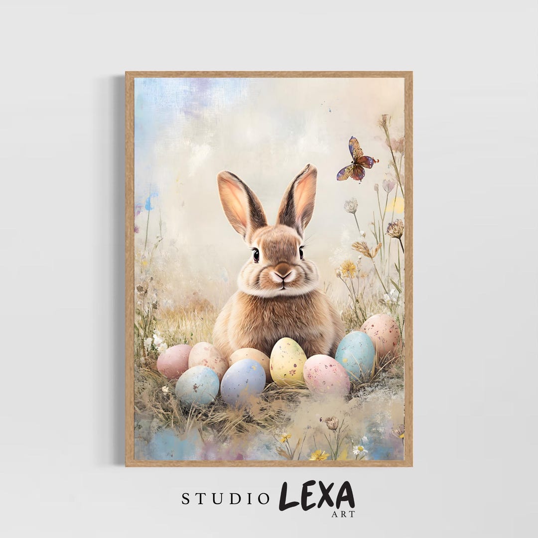 Easter Bunny Wall Art Print, Cute Rabbit Nursery Decor, Pastel Eggs ...