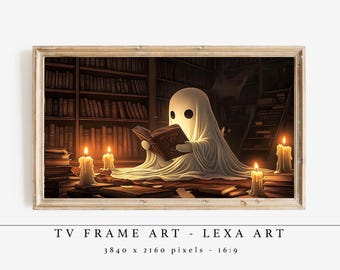 Ghost Reading TV Frame Art, Halloween Digital Download, Spooky Library Samsung Frame Artwork, Gothic Haunted Candlelight Wall Decor