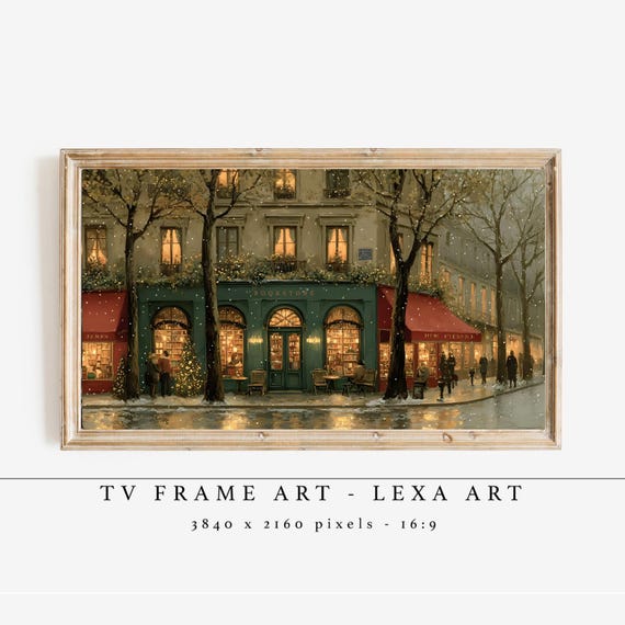 Vintage Paris Bookstore Tv Art, Winter City Street Decor, Cozy Holiday Frame Tv Artwork