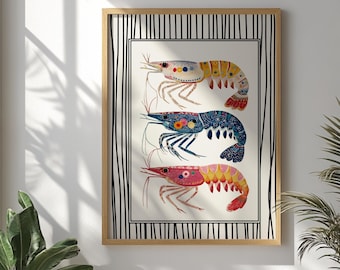 Colorful Shrimp Poster Thin Striped Trendy Seafood Aesthetic Kitchen Wall Art Retro Coastal Nautical Decor Vibrant Beach House Art