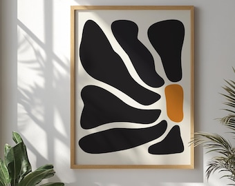 Large Black Minimalist Flower Poster, Abstract Botanical Art, Neutral Floral Printed Wall, Mid Century Modern  Wall Art Home Decor