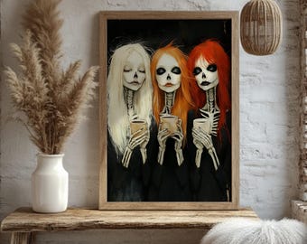 Dia de los Muertos Wall Art Print, Halloween Skeleton Poster, Spooky Gothic Coffee Lovers Poster, Witchy Fall Decor, Dark Academia Artwork