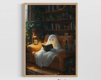 Reading Ghost Printed Art, Cute Halloween Wall Decor, Spooky Book Lover Gift, Whimsical Ghost Illustration, Cozy Gothic Library Print