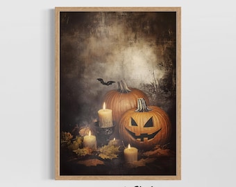 Arte de pared impreso con Jack O' Lantern, decoración de calabaza de Halloween, póster de pared de otoño espeluznante, obra de arte rústica de otoño, letrero vintage de truco o trato
