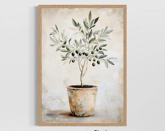 May include: A framed art print featuring an olive tree in a terracotta pot. The painting has a neutral color palette with green leaves and black olives. The artwork is signed "STUDIO LEXA ART".