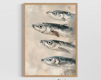 Sardines Art Print, Oil Painting Large Brushstrokes, Coastal Kitchen Wall Decor, Mediterranean Fish Poster, Nautical Rustic Wall Art Print