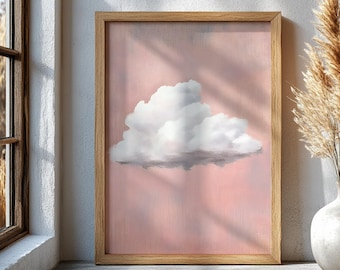 Impresión artística de pared de nubes rosas, obra de arte minimalista de cielo, decoración de ensueño en tonos pastel, póster moderno bohemio para dormitorio, impresión artística de pintura de nubes con estética suave