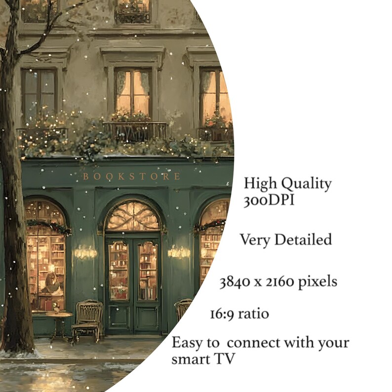 Pode incluir: Uma representa&ccedil;&atilde;o art&iacute;stica de uma fachada de livraria, pintada em tons de verde e castanho suaves, com a palavra "BOOKSTORE" acima da entrada. A imagem &eacute; rotulada como "High Quality 300DPI" e "Very Detailed", com dimens&otilde;es de 3840 x 2160 pixels e uma propor&ccedil;&atilde;o de 16:9.