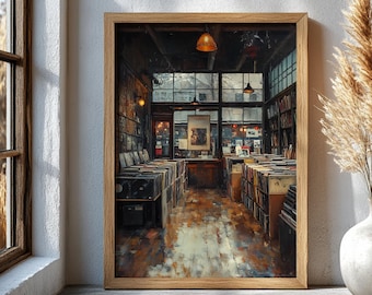 May include: A framed print of a vintage record store interior. The artwork depicts rows of vinyl records, wooden shelves, and warm lighting. The scene is viewed from a low angle, creating a sense of depth and nostalgia. The frame is made of light-colored wood.