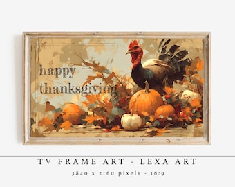 Thanksgiving Turkey TV Art, Pumpkin Harvest Digital Download, Fall Farmhouse Decor, Cozy Autumn Display, Rustic Frame TV Artwork