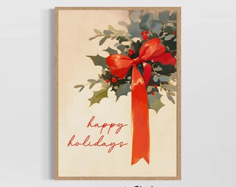 Lámina navideña para pared, Arte navideño con lazo rojo, Decoración festiva de acebo, Letrero de Felices Fiestas, Póster navideño de invierno, Lámina de muérdago