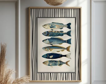 Coastal Fish Wall Art Print, Nautical Fish Decor, Beach House Poster, Blue Marine Life Artwork, Coastal Kitchen Wall Decor Illustration