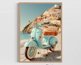Retro Vespa Roller Poster Italienisch Küsten Kunstdruck Positano Wand Dekor Vintage Strand Reise Fotografie Moderne Ästhetik Wohn Kunstwerk