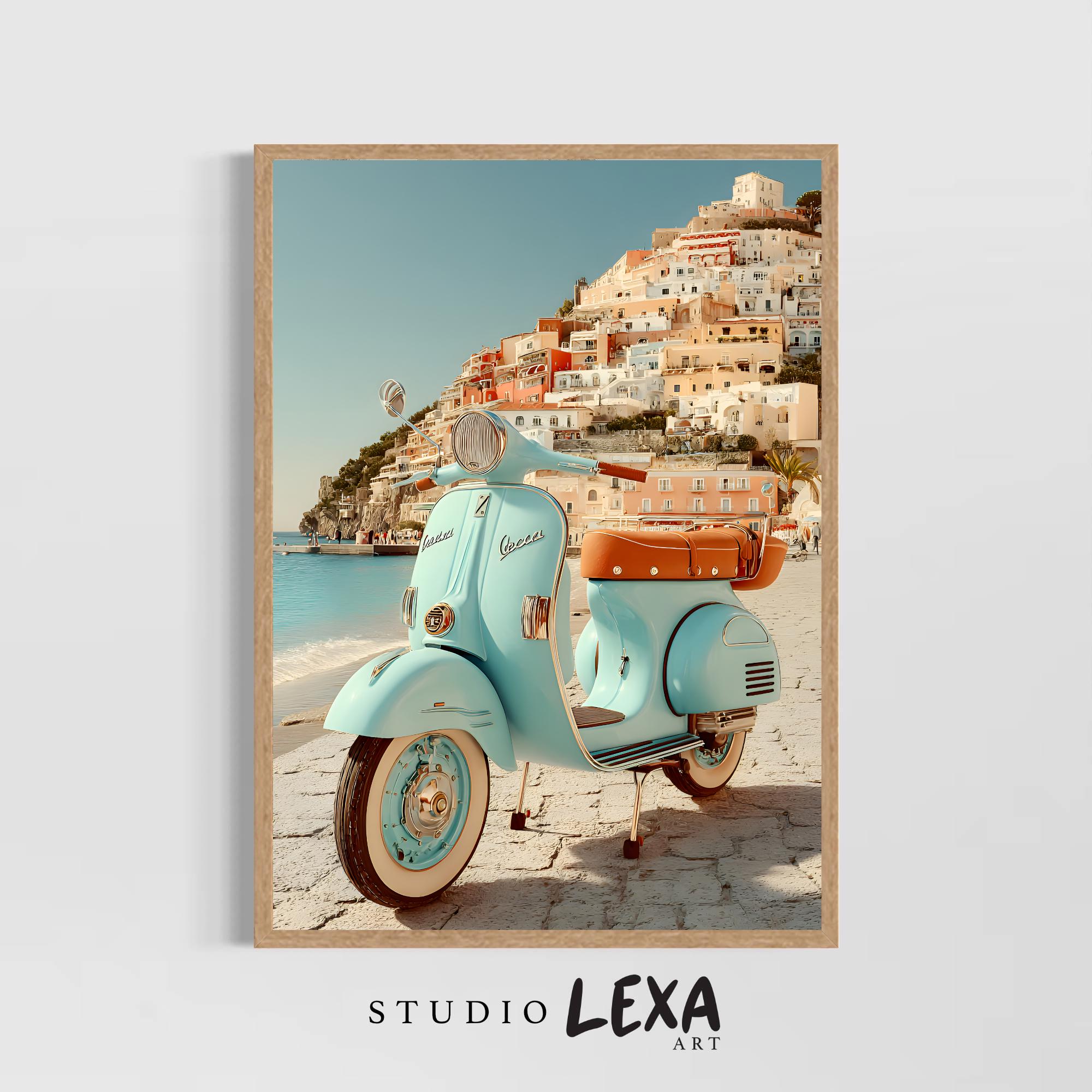 Retro Vespa Scooter Poster Italian Coastal Art Print Positano Wall