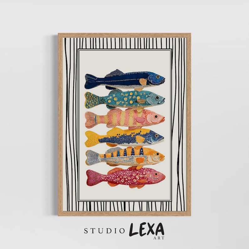 May include: A framed art print showcasing six illustrated fish in vibrant colours. The fish are arranged vertically on a cream background, each with distinct patterns and shades of blue, yellow, orange, and pink. The frame is light wood with a black and white striped border.