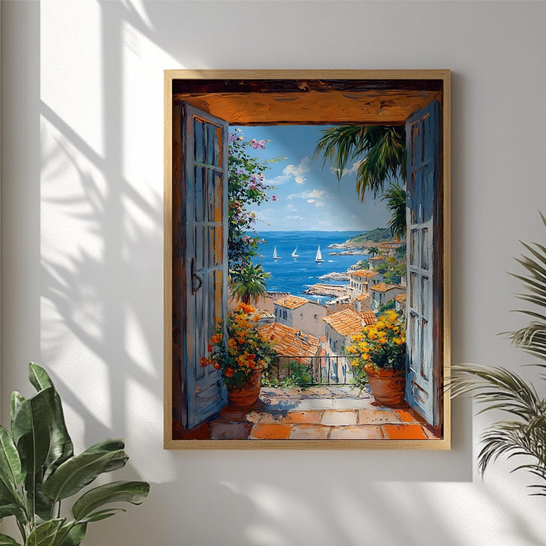 Vibrant Mediterranean Window Wall Art Print, Italian Coastal View ...