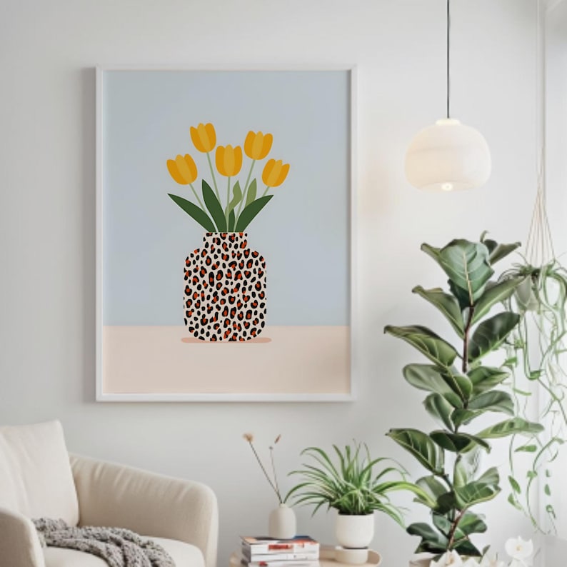 Tulip Wall Art Print, Floral Vase Artwork, Leopard Print Vase Poster ...