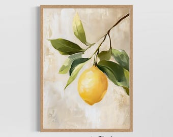 May include: A framed art print featuring a vibrant yellow lemon hanging from a branch with green leaves. The artwork has a neutral background with brushstroke textures and the text "STUDIO LEXA ART" at the bottom.