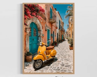 Gelbe Vespa Wand Kunst Italienische Straße Poster Bunt Doorway Druck Mediterran Reise Dekor Retro Scooter Fotografie Vintage Europa Kunst