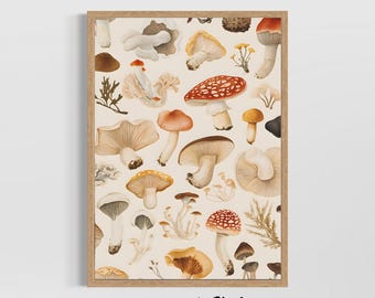 Vintage Mushroom Printed Wall Art, Botanical Fungi Poster, Rustic Cottagecore Decor, Nature-Inspired Wall Print, Woodland Forest Wall Accent