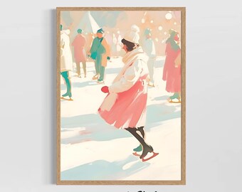 Peut inclure: Une estampe encadrée représentant une scène de patinage sur glace aux couleurs pastel douces. Une personne en manteau rose et chapeau blanc patine sur la glace, entourée d'autres personnages. L'œuvre a une esthétique vintage, avec le texte "STUDIO LEXA ART" en bas.