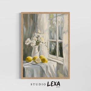 Lemon Still Life Wall Art Print, Oil Painting Print, Rustic Farmhouse Kitchen, Vintage Style Painting Citrus Fruit Cottage Style Home