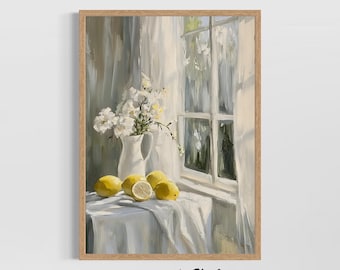 レモンの静物画ウォールアートプリント、油絵プリント、素朴な農家のキッチン、ヴィンテージスタイルの柑橘系フルーツコテージスタイルの家