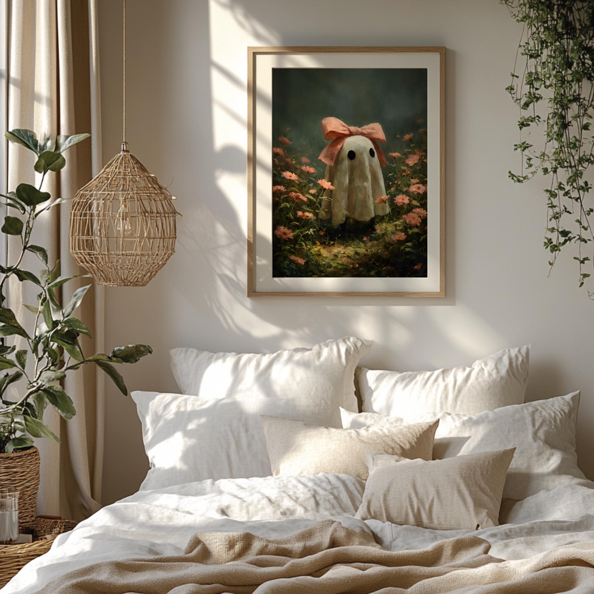 Ghost With Pink Bow Wall Art, Cute Spooky Poster, Halloween Floral ...
