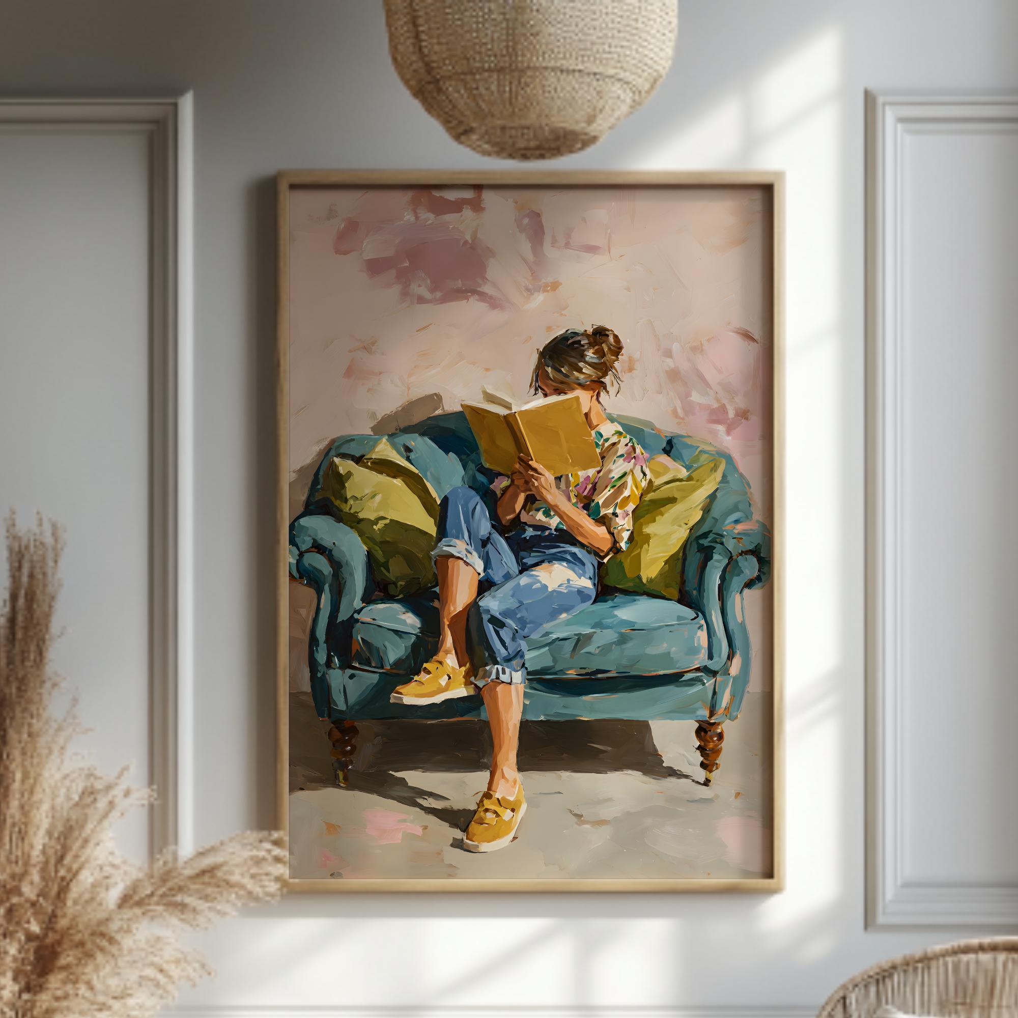 Book Lover Wall Art Print, Woman Reading Painting, Cozy Reading Nook ...