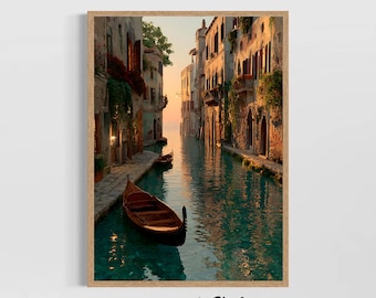 May include: A framed art print depicts a Venetian canal scene. The artwork showcases a narrow waterway flanked by aged buildings with red shutters and climbing plants. Two gondolas float on the turquoise water, bathed in warm sunlight. The text "STUDIO LEXA ART" is at the bottom.