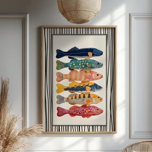 Colorful Fish Poster Thin Striped Trendy Fish Aesthetic Kitchen Wall Art Retro Coastal Nautical Decor  Vibrant Seafood Illustration Artwork