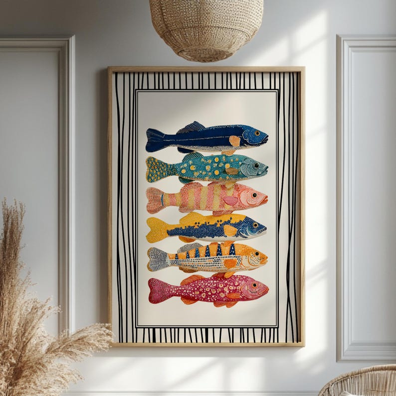Colorful Fish Poster Thin Striped Trendy Fish Aesthetic Kitchen Wall Art Retro Coastal Nautical Decor Vibrant Seafood Illustration Artwork image 1