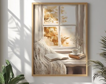 Cozy Autumn Wall Art Print, Reading Nook Poster, Coffee and Book Wall Decor, Fall Window Painting, Rustic Seasonal Home Decoration
