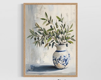 Arte mural de rama de olivo, pintura al óleo con impresión de bodegón, decoración de cocina mediterránea, póster botánico rústico, decoración de pared de estilo rústico vintage.