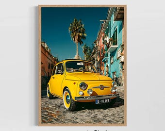 Yellow Fiat Wall Art Italian Street Poster Vintage Car Print Colorful Europe Decor Retro Travel Photography Mediterranean Cityscape Home Art