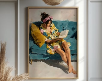 Cozy Reading Wall Art Print, Woman Reading on Sofa Painting,  Modern Literary Home Decor,  Book Lover Gift, Relaxed Lifestyle Poster
