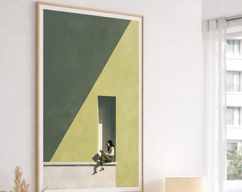 Reading Woman Wall Art Print, Green Minimalist Book Lover Poster, Modern Architectural Artwork, Quiet Luxury Home Decor