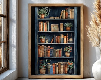 Vintage Bookshelf Wall Art, Rustic Library Poster, Reading Nook Print, Farmhouse Book Lover Decor, Antique Literary Artwork, Reader Gift