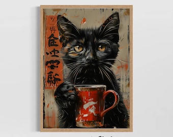 Art mural café chat noir, impression chat de style japonais, affiche chat avec tasse, décoration de cuisine kawaii, cadeau pour amoureux des chats, illustration murale café