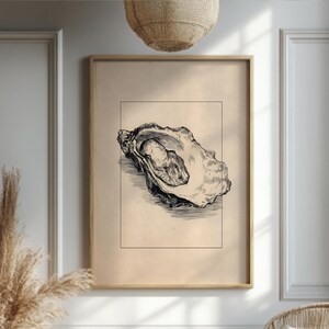 Vintage Oyster Line Art Print, Antique Line Coastal Poster, Neutral Shellfish Decor, Seafood Kitchen Wall Artwork