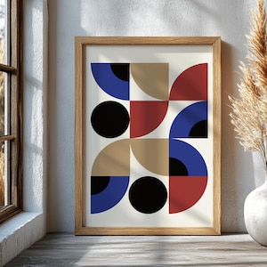 Art mural géométrique ludique, formes géométriques abstraites, impression moderne colorée, décoration de style Mid-Century, affiche murale abstraite colorée et amusante