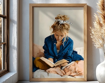 Girl Reading Book Wall Art Print, Literary Poster, Book Lover Home Decor, Bedroom Reading Nook Art, Gift for Readers & Students, Dorm Art