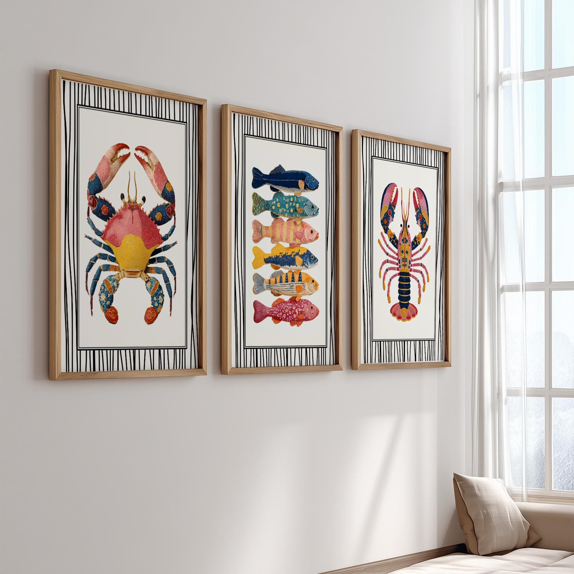 Coastal Seafood Wall Art Set of 3, Crab Lobster Fish Prints, Nautical ...